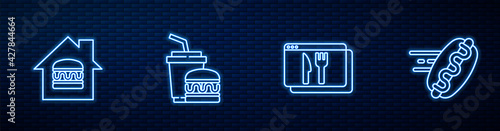 Set line Online ordering and delivery, , Paper glass burger and hotdog. Glowing neon icon on brick wall. Vector