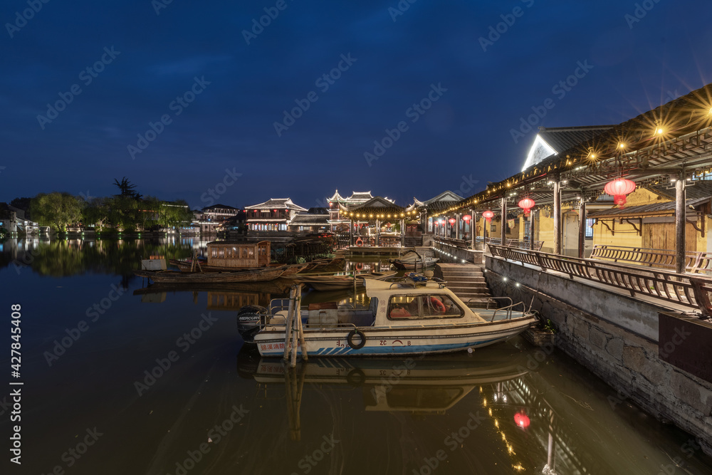 Landscapes of the ancient buildings in Jinxi at night,  a historic canal town in southwest Kunshan, Jiangsu Province, China