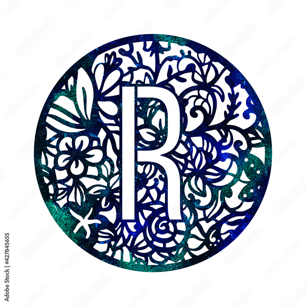 Printable Monogram Letter R Designs Lace circle blue green letter R with. Texture Monogram letter R ...