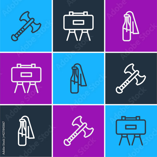 Set line War axe, Cocktail molotov and Military mine icon. Vector