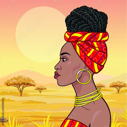 African beauty: animation portrait of the  beautiful black woman in a turban and gold jewelry. Profile view. Background - landscape the savana, mountains,  acacia tree. Vector illustration