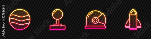 Set line Astronaut helmet, Planet, Joystick and Rocket ship. Glowing neon icon. Vector