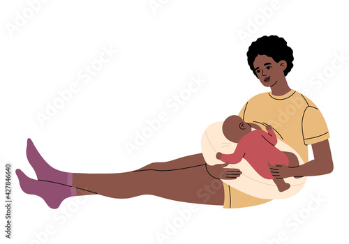 Black mother holding and nursing newborn child. Caring young mum breastfeeding infant her baby. Lactation and suckling concept, modern illustration in flat cartoon style isolated on white background