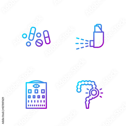 Set line Gut constipation, Eye test chart, Medicine pill or tablet and Inhaler. Gradient color icons. Vector