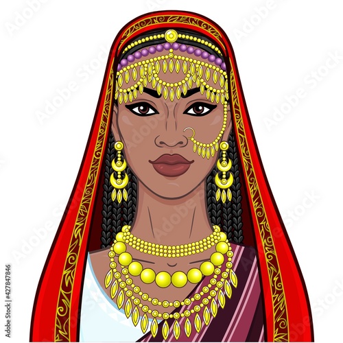 African beauty: animation portrait of the beautiful black woman in a traditional ethnic jewelry. Princess, Bride, Goddess.Vector illustration isolated on a white background. Print, poster, t-shirt