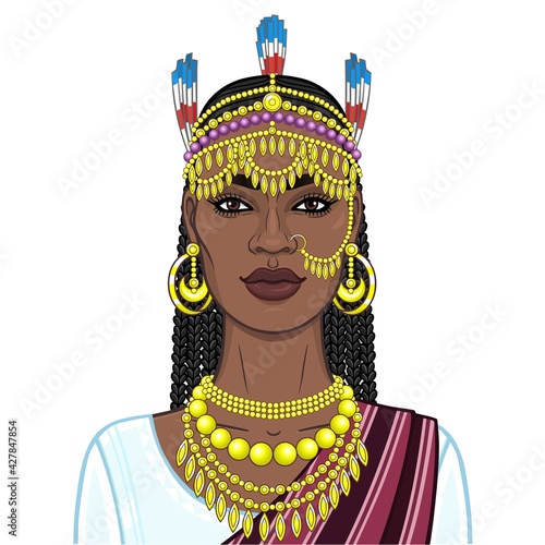 African beauty: animation portrait of the beautiful black woman in a traditional ethnic jewelry. Princess, Bride, Goddess.Vector illustration isolated on a white background. Print, poster, t-shirt