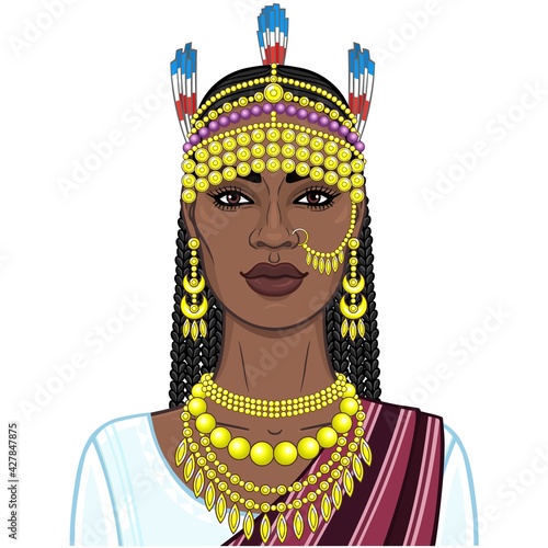 African beauty: animation portrait of the beautiful black woman in a traditional ethnic jewelry. Princess, Bride, Goddess.Vector illustration isolated on a white background. Print, poster, t-shirt