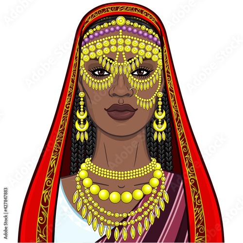 African beauty: animation portrait of the beautiful black woman in a traditional ethnic jewelry. Princess, Bride, Goddess.Vector illustration isolated on a white background. Print, poster, t-shirt