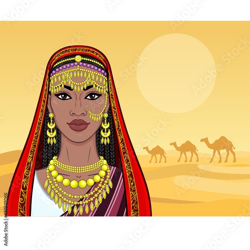 African beauty: animation portrait of the beautiful black woman in a traditional ethnic jewelry. Princess, Bride, Goddess. Background - landscape desert, caravan of camels. Vector illustration.
