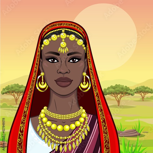 African beauty: animation portrait of the beautiful black woman in a traditional ethnic jewelry. Princess, Bride, Goddess. Background - a landscape the savanna. Vector illustration.