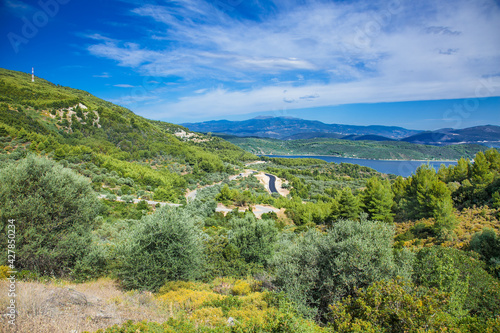 Panoramic view from above on the forests of Evia island with the sea . Evia . Greece.