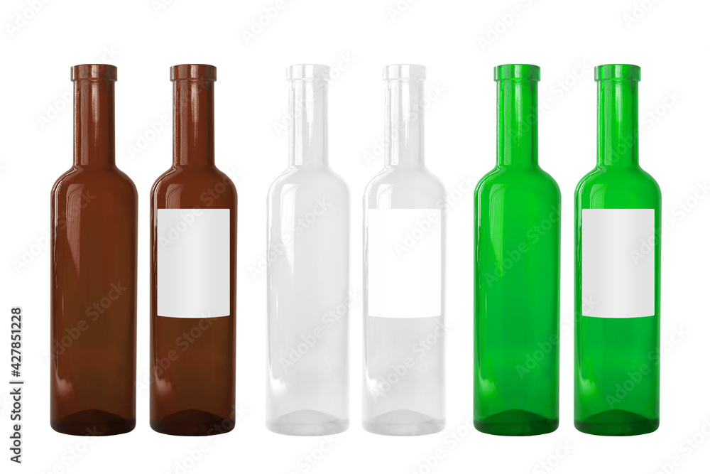 Six bottles in three different colors, green, white and brown, with and without blank label, isolated on white background Six bottles in three different colors, green, white and brown, with and without blank label, isolated on white background