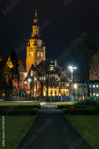 night shot of an old illuminated building in Szczecin