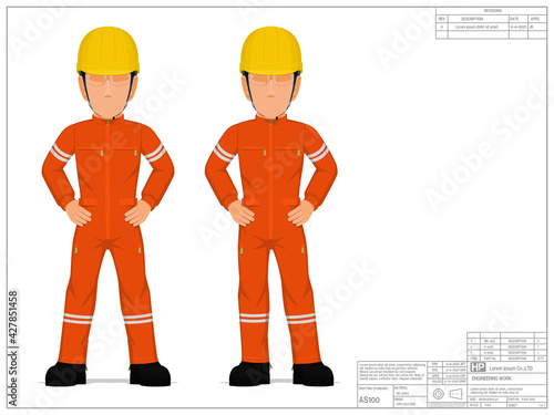 Set of industrial worker with arms akimbo on white background