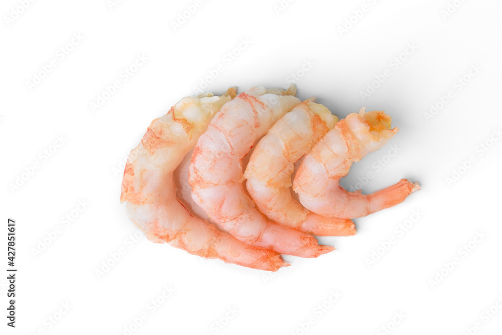 Peeled shrimps isolated on white background. Top view.