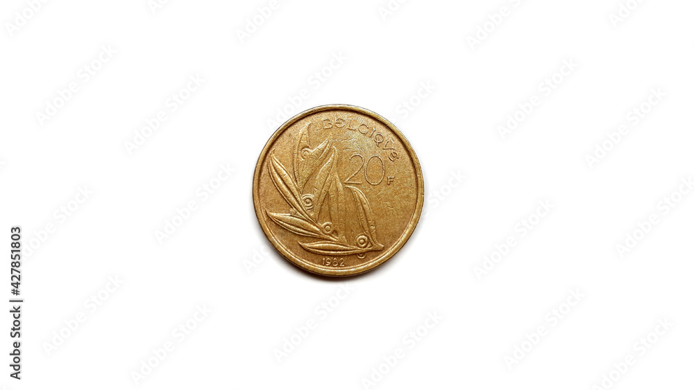 1982 Belgium Belciqve 20F Coin Back Side Isolated on White Background 1982 Belgium Belciqve 20F Coin Back Side Isolated on White Background