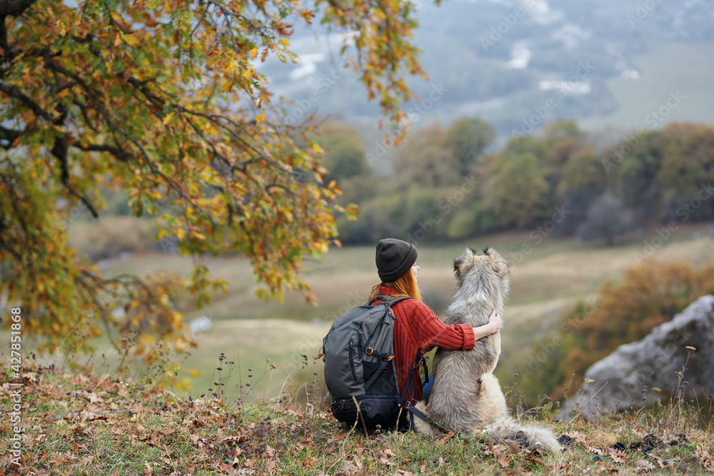 woman hiker with dog in nature admire the mountains travel