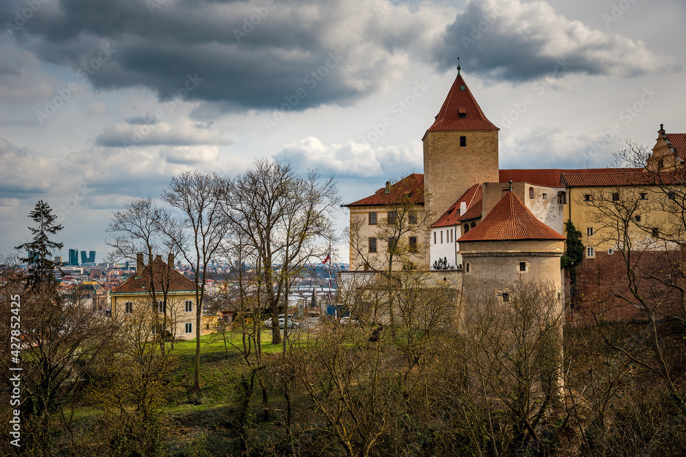 Daliborka Tower at Czech Republic. Prague castle from Queen Anna's summer place (Belvedere).