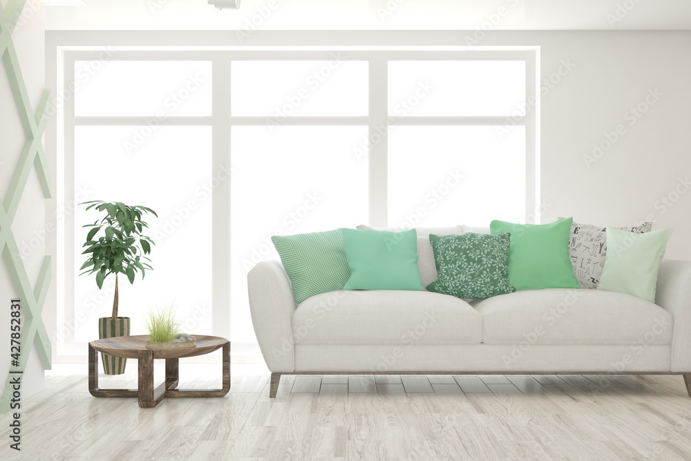 Fototapeta premium White living room with sofa. Scandinavian interior design. 3D illustration