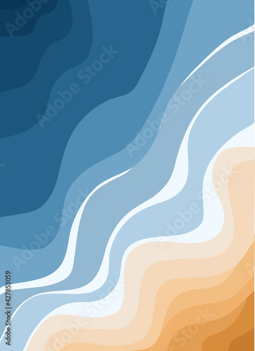 Top view of the blue sea and sandy beach. Ocean waves. Abstract stylish background with tropical coastline. Concept of travel, leisure and tourism. Vector poster wall art