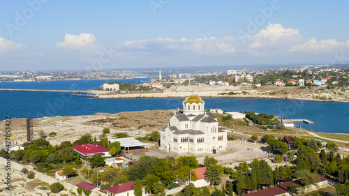 Sevastopol, Crimea. Vladimirsky Cathedral in Chersonesos. Chersonesus Tauric - founded by the ancient Greeks on the Heracles peninsula on the Crimean coast, Aerial View photo