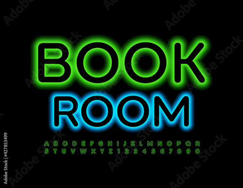 Vector neon Emblem Book Room. Green Illuminated Font. Glowing Alphabet Letters and Numbers