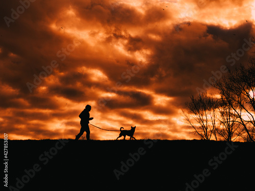 Silhouette of a man with dog on the river bank