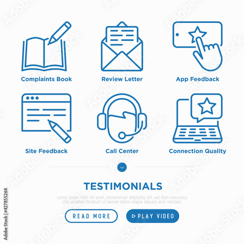 Testimonials thin line icons set: rate service in app, review, voting, complaints book, call canter, connection quality, app  or site feedback. Pixel perfect, editable stroke. Vector illustration