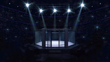 Cage fight arena with opened door. Interior view of fighting arena with fans and shining spotlights. Digital sport 3D illustration.