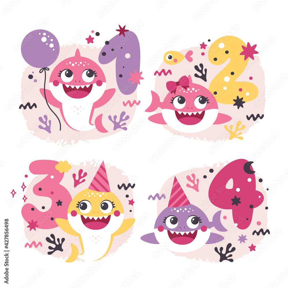 Obraz premium Set of vector Baby Shark Birthday Illustrations