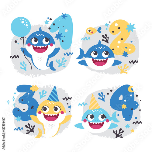 Set of vector Baby Shark Birthday Illustrations