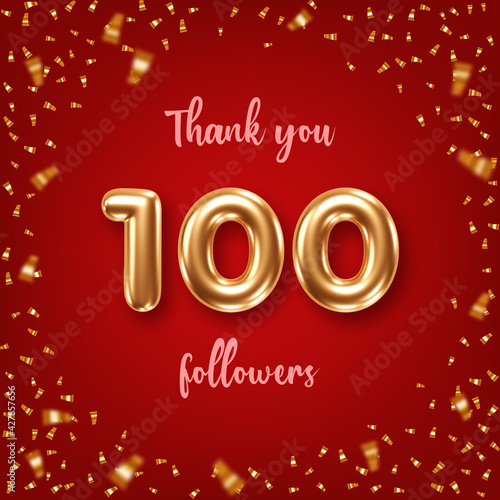 Thank you followers. Social media achievement poster with golden 3d numbers and confetti on red background