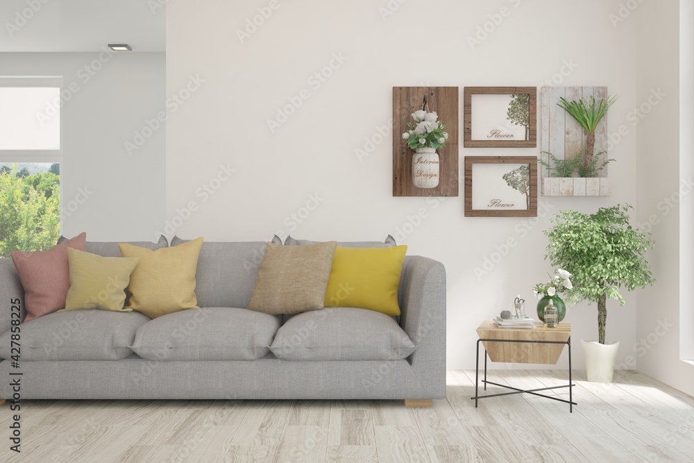 Obraz premium White living room with sofa. Scandinavian interior design. 3D illustration