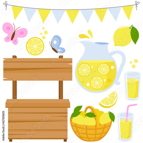 Lemonade stand and fresh lemon juice in pitcher and glasses. Vector illustration collection