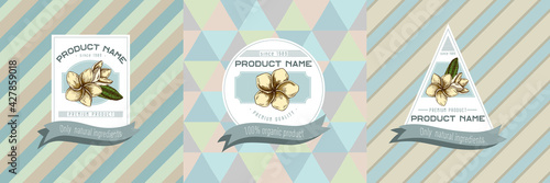 Three colored labels with illustration of plumeria