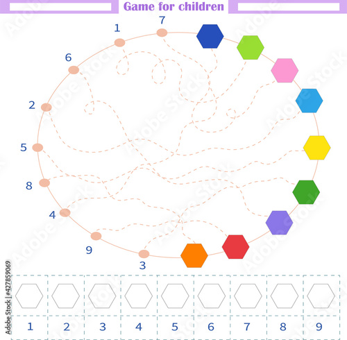  Worksheet for children. Draw the lines. from number to color. Paint an empty shape with the appropriate color