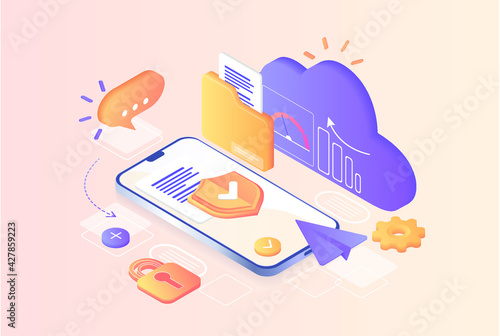 Database with cloud server, Data set, process, classification, database. Company process development structure. Data Center concept based. Business organization with circle gear mechanism. 