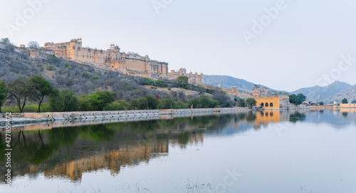 Amer Fort is located in Amer  a town with an area of 4 sq. kilometres  not far from Jaipur  Rajasthan state  India. Located high on a hill  it is the principal tourist attraction in the Jaipur