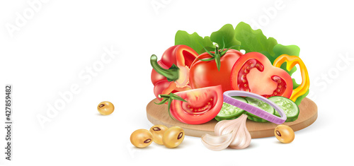 Fresh vegetables salad on wooden plate with tomatoes, cucumber, bell pepper, onion slice elements isolated on white background. Vector realistic in 3D illustration.