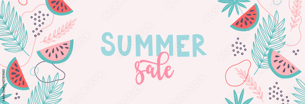 Summer sale banner. Food background design with palm leaves, watermelon