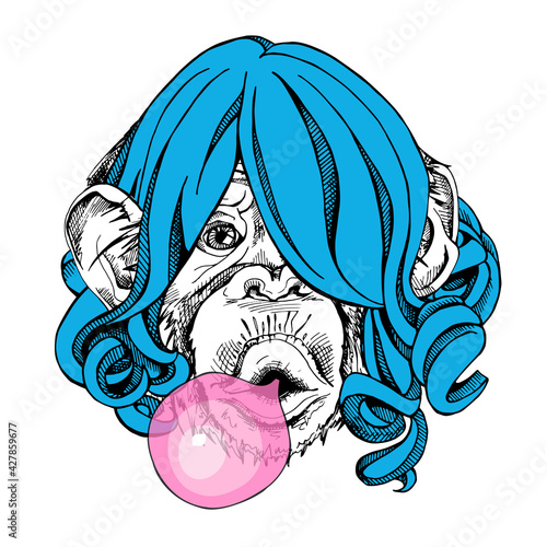 Portrait of a Funny Monkey in a blue wig and with a pink bubble gum. Humor card, t-shirt composition, hand drawn style print. Vector illustration.