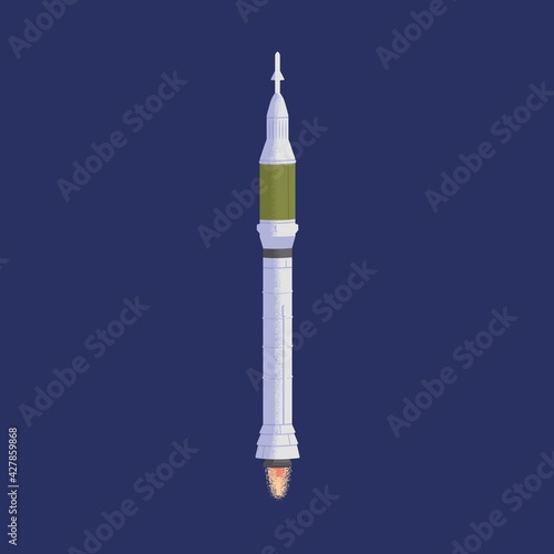 Rocket flying in outer space with fire flames from engine. Futuristic rocketship or spaceship. Cosmos flight of cosmic shuttle. Colored flat textured vector illustration of intergalactic transport