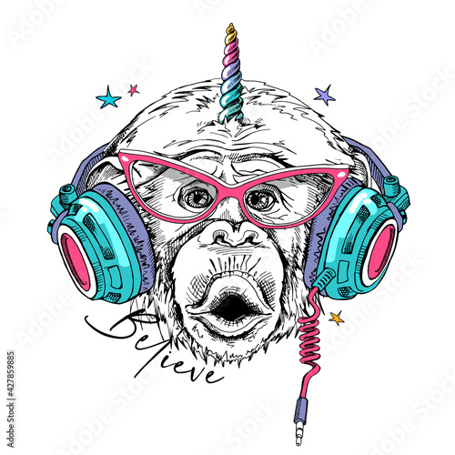 Fun Monkey in a pink glasses, in a headphones with a rainbow unicorn horn. Believe - lettering quote. Humor card, t-shirt composition, hand drawn style print. Vector illustration.