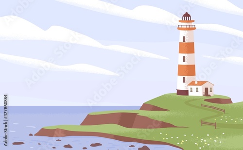 Scenic landscape with lighthouse tower on sea or ocean coast. Peaceful seascape with light house on seashore, green grass and sky. Coastline nautical building. Colored flat vector illustration