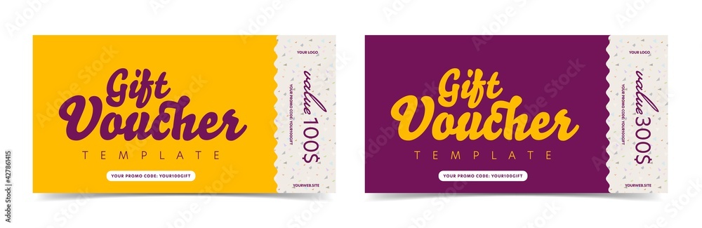 Gift voucher ticket card with different monetary value. Discount coupon template with money reward. Financial present certificate mockup with tear-off vector design and place for brad name