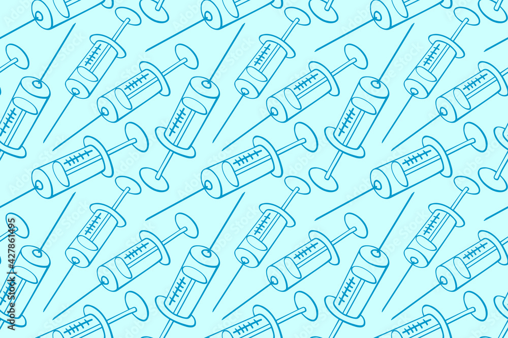 Vector seamless pattern with contour syringes. Hand drawn black outline doodle isolated. Medical background and texture. Equipment, vaccine to treat and protect against virus and vaccination Vector seamless pattern with contour syringes. Hand drawn black outline doodle isolated. Medical background and texture. Equipment, vaccine to treat and protect against virus and vaccination