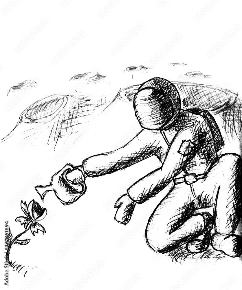 an astronaut on an unknown planet feeds a living plant