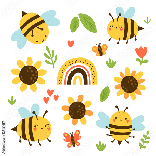 vector set of cute bees and sunflowers