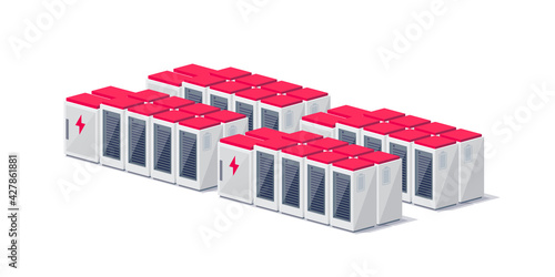 Vector illustration of rechargeable lithium-ion battery energy storage stationary for renewable electric power stations. Backup power energy storage cloud server system isolated on white background.