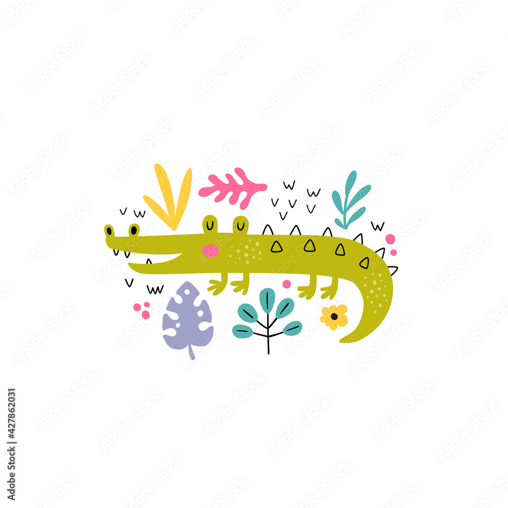 vector illustration of cute crocodile and leaves